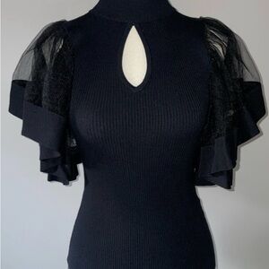 Elegant Black Keyhole Top with Sheer Sleeves | Medium | 7th Avenue Design Studio